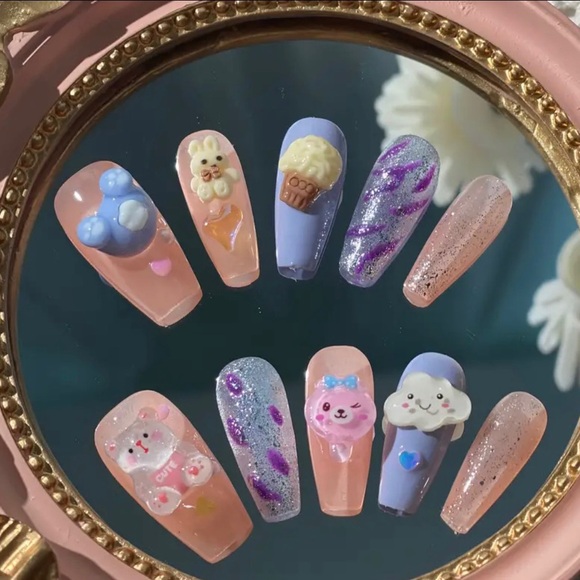 Gorgeous handmade 3D press-on pink and purple charm nails. (Nail Glue Included!) - Picture 6 of 7